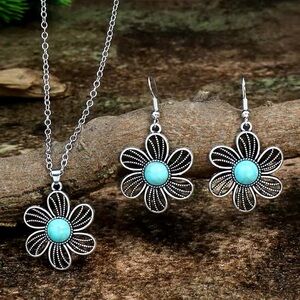 Floral Silver Turquoise Earring Necklace Set